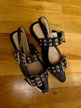 Women's Black Pointed Slingback Flats with Buckle and Eyelet Detail